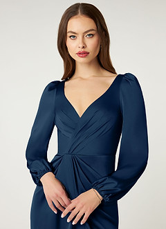 Azazie Mel Bridesmaid Dresses Dark Navy Sheath Long Sleeve Stretch Satin Dress image5