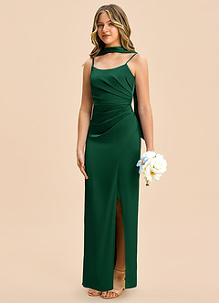 Azazie Calandra Junior Vestido Verde Oscuro de Satén Elástico de Corte Recto con Plisado image4