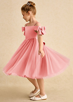 Azazie Amie Flower Girl Dresses Coral A-Line Off the Shoulder Matte Satin Dress image4