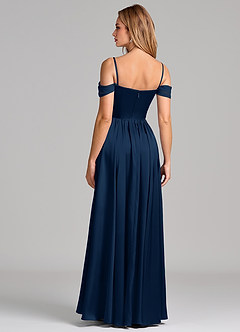 Azazie Raisa Bridesmaid Dresses Dark Navy A-Line Off the Shoulder Stretch Satin Dress image6
