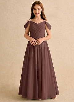 Azazie Chelo Girls Formal Abiti da Ragazza di Fiori Abito A-Line in Chiffon Plissettato Espresso image4