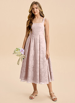 Azazie Amalie Junior Blushing Pink A-Line Ruched Floral Burnout Dress image3