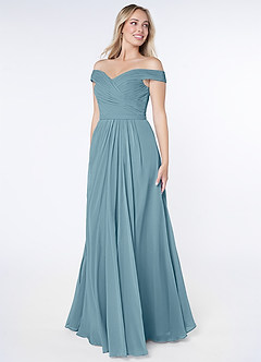 Azazie Audrianna Jurken voor bruidsmeisjes Converteerbaar Jurk van Chiffon met A-Lijn Off-the-shoulder verzameld Mystiek Blauw image2