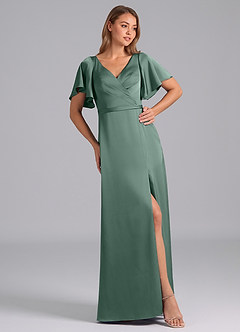 Azazie Ambrosia Bridesmaid Dresses Eucalyptus A-Line Pleated Stretch Satin Dress image4