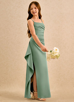 Azazie Cannoli Girls Formal Blomsterpigekjoler A-Line Plisseret Stræk satin Gulv-længde Kjole image5