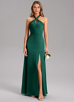 Azazie Tracie Bridesmaid Dresses Emerald A-Line Side Slit Stretch Satin Dress image3