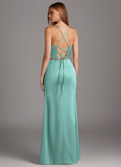 Azazie Brookelle Vestidos de damas de honor Vestido de Aqua de Satén Elástico de Corte Recto con Corazón Corsé image5