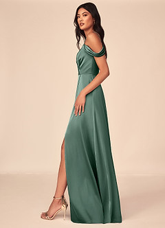 Azazie Ocean Bridesmaid Dresses Eucalyptus A-Line V-Neck Pleated Stretch Satin Dress image3