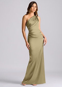 Azazie Akilah 신부 들러리 드레스 인어 한쪽 어깨 스트레치 새틴 바닥 길이 드레스 image1