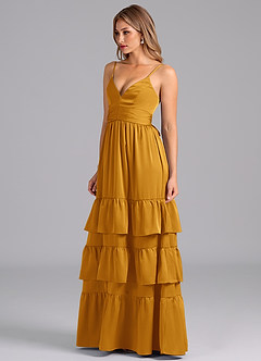 Azazie Nathalia Bridesmaid Dresses Butterscotch A-Line Pleated Stretch Satin Dress image4