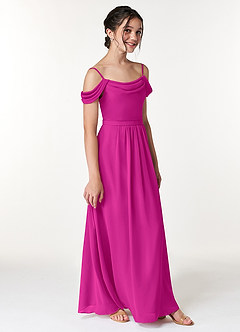 Azazie Alivia Junior Fuchsia A-Line Off the Shoulder Chiffon Dress image3