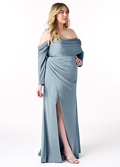 Azazie Hallie Bridesmaid Dresses Sheath Off-The-Shouler Long Sleeve Stretch Satin Floor-Length Dress image2