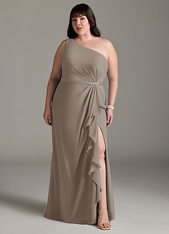 Azazie Liza Jurken voor bruidsmeisjes Jurk van Chiffon met Zeemeermin One-Shoulder Taupe image6