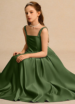 Azazie Mochi Girl Jurken voor bloemenmeisjes Baljurk Jurk van Mat Satijn Geplooid Olijf image3