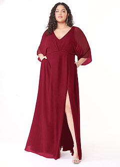 Azazie Rebecca Bridesmaid Dresses A-Line V-Neck Long Sleeve Chiffon Floor-Length Dress image8