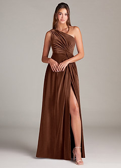 Azazie Brooke Abiti da Damigella Abito A-Line in Velluto Monospalla Terra D'ombra image4