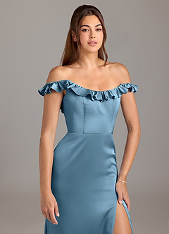 Azazie Callie Bridesmaid Dresses Steel Blue A-Line Ruched Stretch Satin Convertible Dress image8