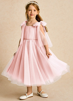 Azazie Dori Robe Demoiselle D'honneur Fillette Robe Trapèze en Tulle Rayé Rose Pâle image5