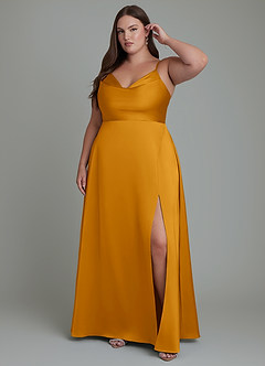 Azazie Sarella Bridesmaid Dresses Butterscotch A-Line Pleated Stretch Satin Dress image6