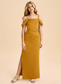 Azazie Saige Junior Robe Fourreau en Satin extensible Épaule décolletée Caramel écossais image3