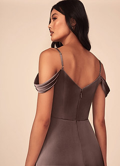 Azazie Ocean Bridesmaid Dresses Ganache A-Line V-Neck Pleated Stretch Satin Dress image5