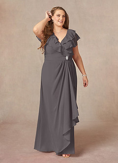 Azazie Snapdragon Mother of the Bride Dresses Steel Grey A-Line V-Neck Ruched Chiffon Dress image6
