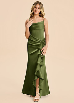 Azazie Rosalia Junior Olive Sheath Pleated Stretch Satin Dress image5