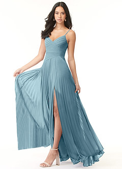 Azazie Vini Bridesmaid Dresses Moody Blue A-Line V-Neck Pleated Chiffon Dress image3