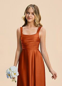 Azazie Azaria Junior Burnt Orange A-Line Pleated Stretch Satin Dress image7