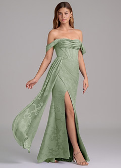 Azazie Amyra 신부 들러리 드레스 인어 오프 더 숄더 플로럴 번아웃 바닥 길이 드레스 image4