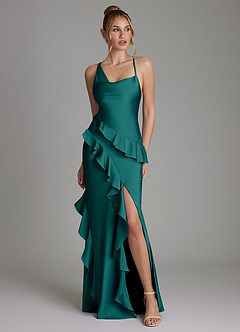 Azazie Jayda Bridesmaid Dresses Peacock A-Line Ruched Stretch Satin Dress image1