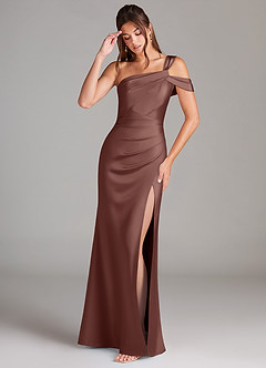 Azazie Wynter Bridesmaid Dresses Espresso Sheath Off the Shoulder Stretch Satin Dress image3