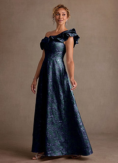 Azazie Fran Mother of the Bride Dresses Dark Navy A-Line Ruched Jacquard Dress image2