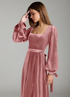 Azazie Leonia Bridesmaid Dresses Dusty Rose A-Line Long Sleeve Velvet Dress image6