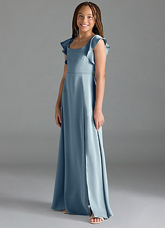 Azazie Bondi Junior Dusty Blue A-Line Side Slit Stretch Satin Dress image4