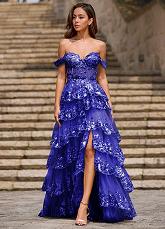 Glitz Blue Ruffled A-line Prom Dress image5