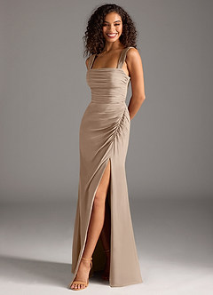 Azazie Jesaphine Bridesmaid Dresses Taupe Sheath Bow Chiffon Dress image1