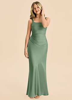Azazie Lula Junior Matcha Sheath Pleated Stretch Satin Dress image3
