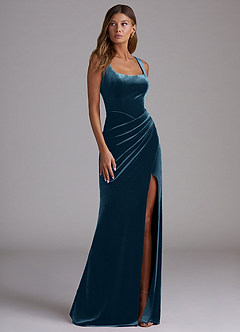 Azazie Mero Vestidos de damas de honor Vestido de Topacio Azul de terciopelo de Corte Recto con Plisado image4