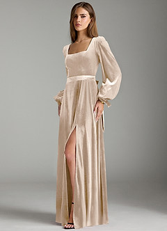 Azazie Leonia Robes de demoiselle d'honneur Robe Trapèze en velours Manche longue Champagne image5