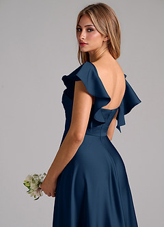 Azazie Leilani Bridesmaid Dresses Dark Navy A-Line Ruched Stretch Satin Dress image9