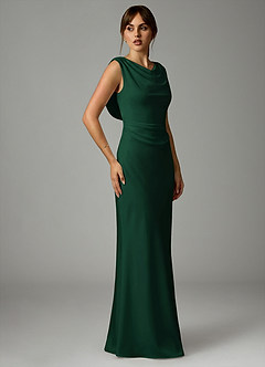 Azazie Kieryn Bridesmaid Dresses Dark Green Mermaid Pleated Stretch Satin Dress image4