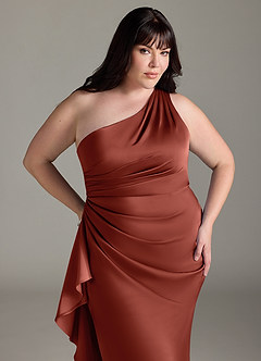Azazie Latrice Bridesmaid Dresses Terracotta Sheath One Shoulder Cascading Ruffles Stretch Satin Dress image10