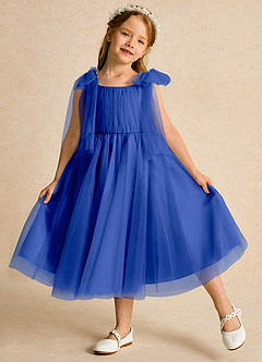 Azazie Dori Robe Demoiselle D'honneur Fillette Robe Trapèze en Tulle Rayé Bleu Roi image4