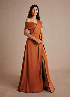 Azazie Milton Mother of the Bride Dresses Cinnamon A-Line Pleated Stretch Satin Dress image6