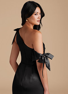 Azazie Xyla Bridesmaid Dresses Black Sheath Off the Shoulder Metallic Satin Convertible Dress image3