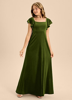 Azazie Bondi Junior Olive A-Line Bow Velvet Dress image3