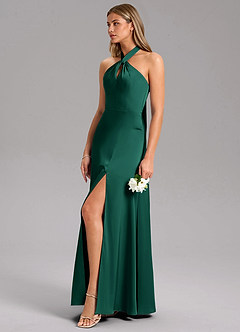 Azazie Tracie Bridesmaid Dresses Emerald A-Line Side Slit Stretch Satin Dress image6