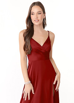 Azazie Dalilah Brautjungfernkleider A-Linie V-Hals Gefaltet Stretch-Satin Kleid Granatapfelrot image4