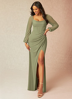 Azazie Charissa Final Sale Champagne Sheath Corset Pleated Mesh Dress image1